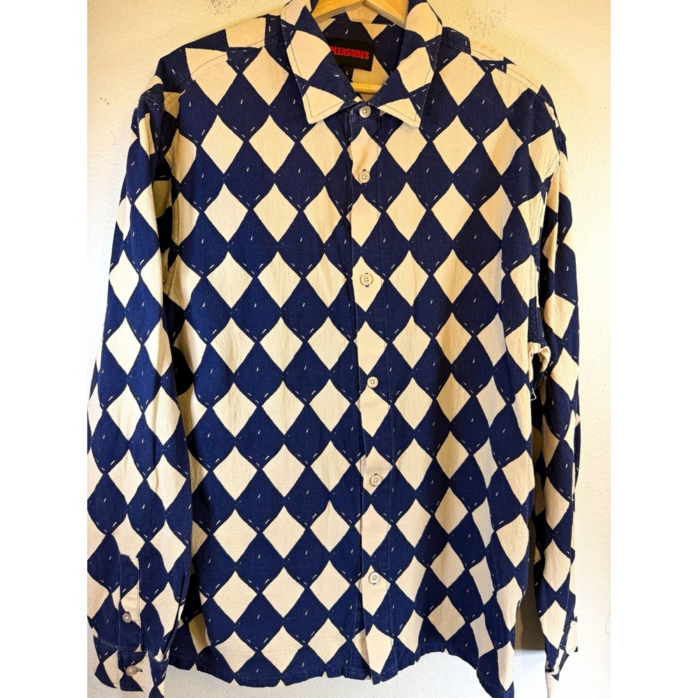 Pleasures Mens Large Blue/White Argyle Long Sleeve Cotton Woven Button Up Shirt